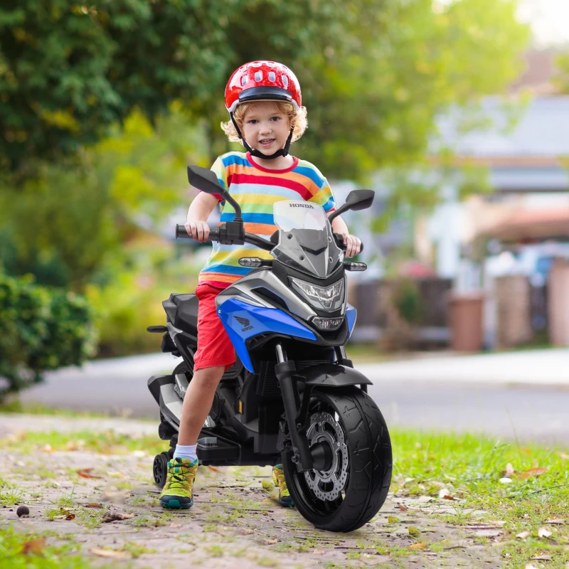 AIYAPLAY Moto Elettrica per Bambini 3-6 Anni Licenza Honda, 12V Doppi Motori, Rotelle, 3 km/h, Max 30kg, Blu