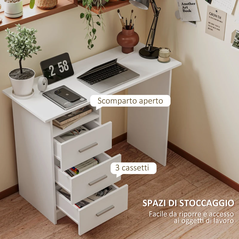 HOMCOM Scrivania Moderna in Legno con 3 Cassetti e Ripiano Aperto, 100x40x75 cm, Bianca e Marrone