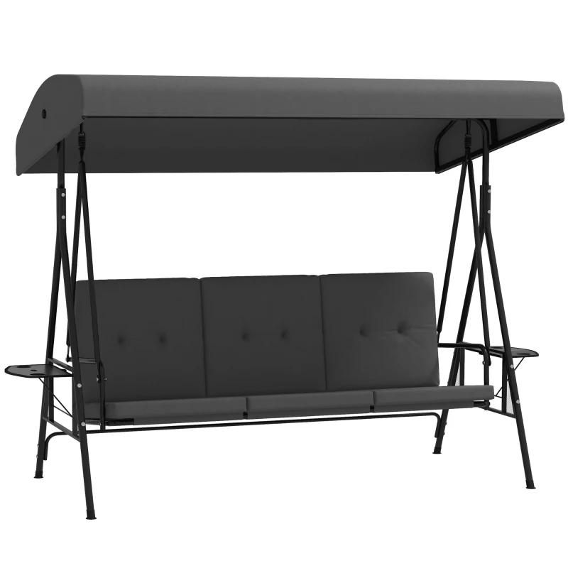 Outsunny Balancelle de jardin 3 places grand confort inclinaison toit réglable, 2 tablettes latérales, coussins, acier polyester