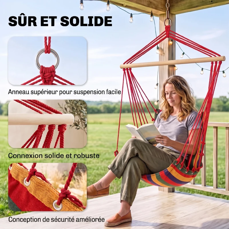 Outsunny Chaise Suspendue hamac de Voyage Respirant Portable dim. 60L x 45l x 55H m Coton Polyester Multicolore