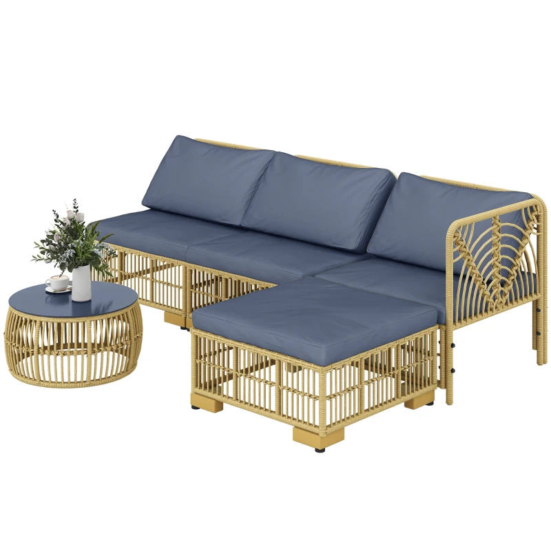 Outsunny Set Salotto in Rattan da Giardino con Divano Modulabile, Cuscini e Tavolino da Caffè, Grigio