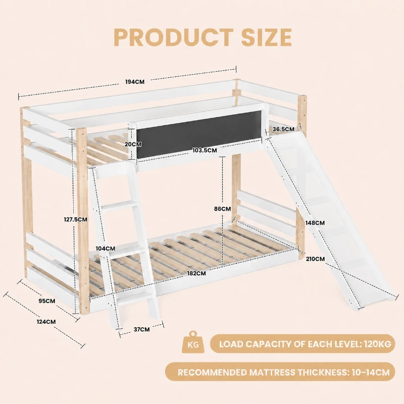 Modern High Sleeper Bunk Bed Frame with Slide and Storage Stairs, Solid Wooden Childrens Loft Bed with Safety Guardrails, 194L x 124W x 148H cm, White