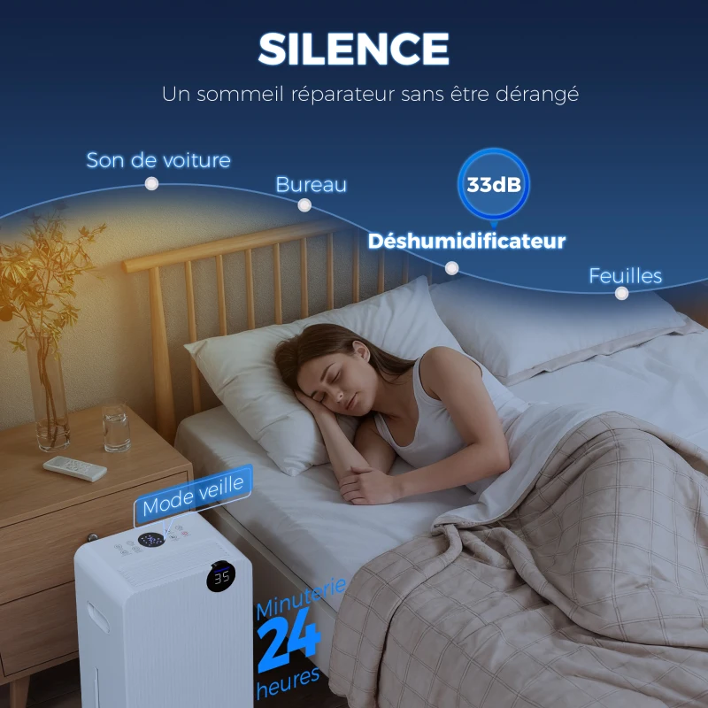 HOMCOM Déshumidificateur d'air 12 L/jour, déshumidificateur silencieux, réservoir d'eau 2,1 L, écran LED, 28x18,5x50,5cm, blanc