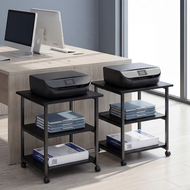 HOMCOM Carrello Porta Stampante a 3 Ripiani con 4 Ruote, Legno e Acciaio, 50x50x52.5cm, Nero