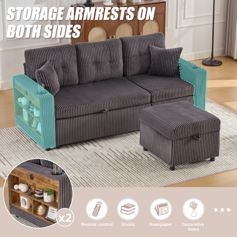 Modern Corduroy Sofa Bed with Pull-Out Bed, Storage and LED Lighting, Plush Sleeper Couch for Living Rooms, 196L × 82W × 85H cm, Dark Gray