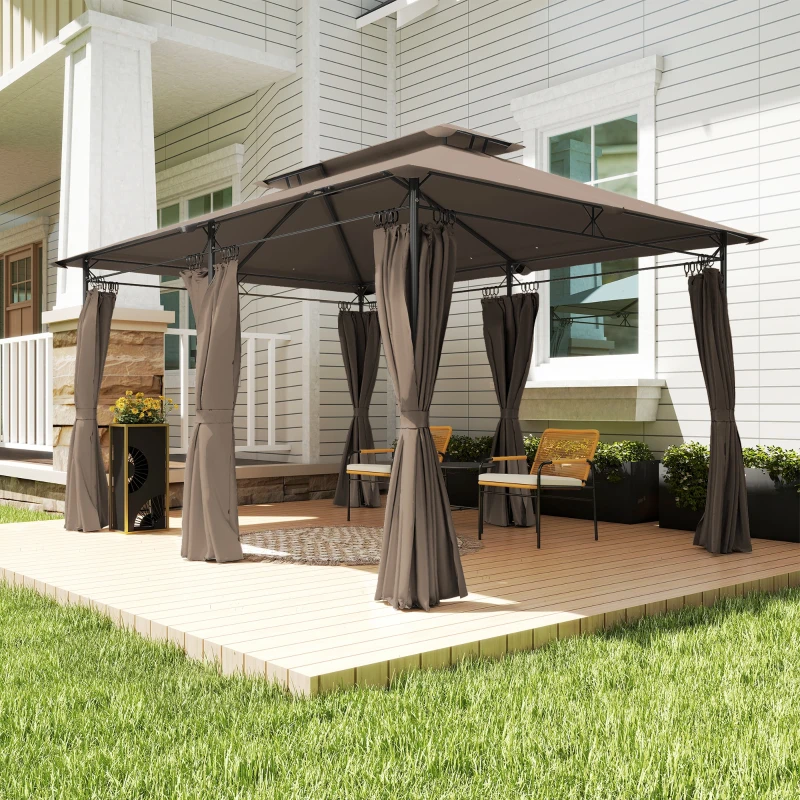 Outsunny Tonnelle de jardin extérieur pavillon 6 colonnes double toit 12 oeillets de drainage en métal 3x4m kaki