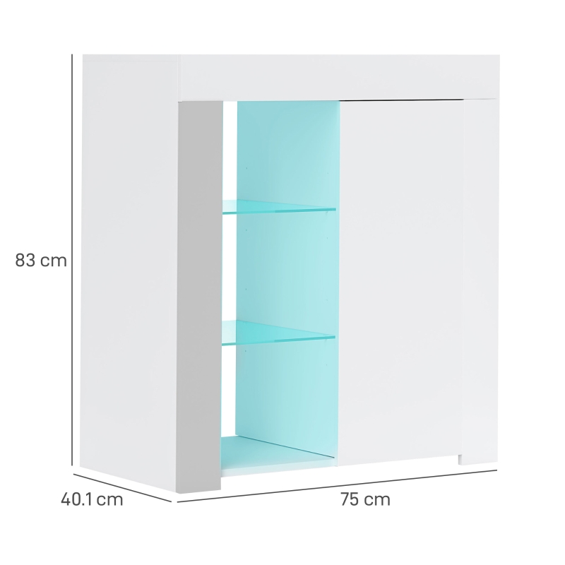 HOMCOM Dulap cu iluminare LED, 3 rafturi deschise și dulap cu 2 niveluri, din lemn și sticlă, 75x40.1x83 cm, alb