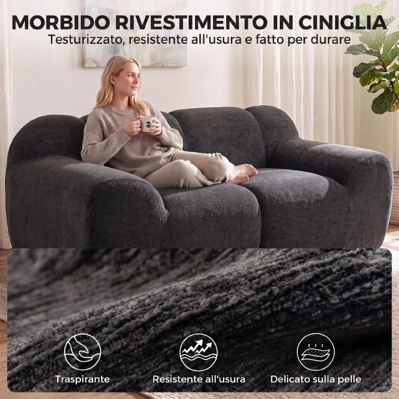 HOMCOM Divano 2 Posti in Ciniglia Senza Struttura, Seduta Ampia, 174x91x61 cm, Grigio Scuro