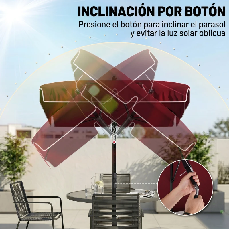 Outsunny Sombrilla de Terraza de Aluminio 2x1,3x2,5 m Parasol de Jardín Rectangular con Función de Inclinación Rojo Vino