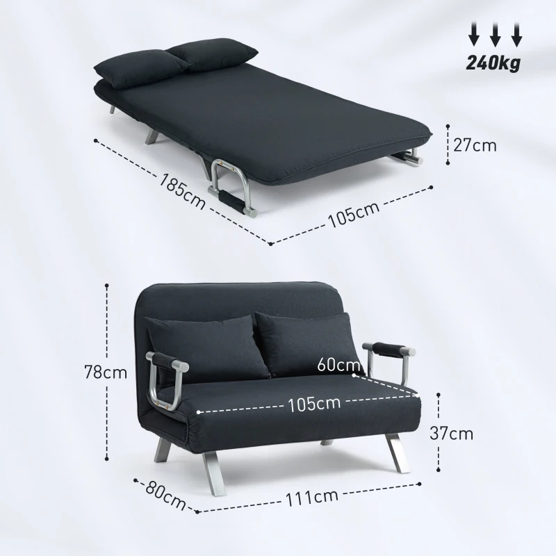 HOMCOM Schlafsofa, 5-fach verstellbar, Wildlederimitat, Stahlrahmen, inkl. Kissen, Schwarz