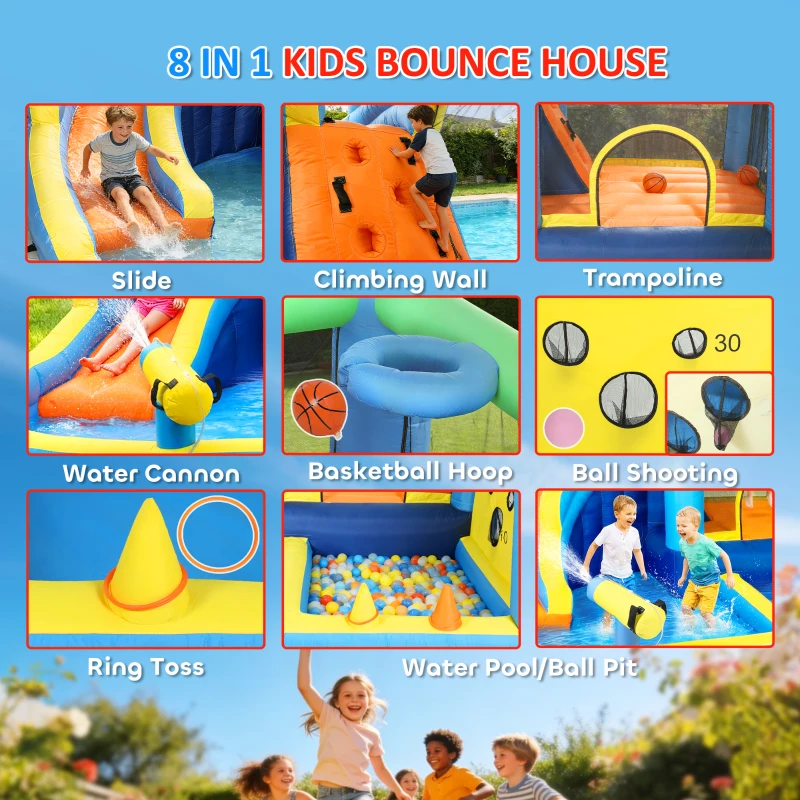 AIYAPLAY 8 in 1 Bouncy Castle for Kids, Inflatable Bounce House with Slide, Pool (Ball Pit), Water Cannon for Indoor Outdoor