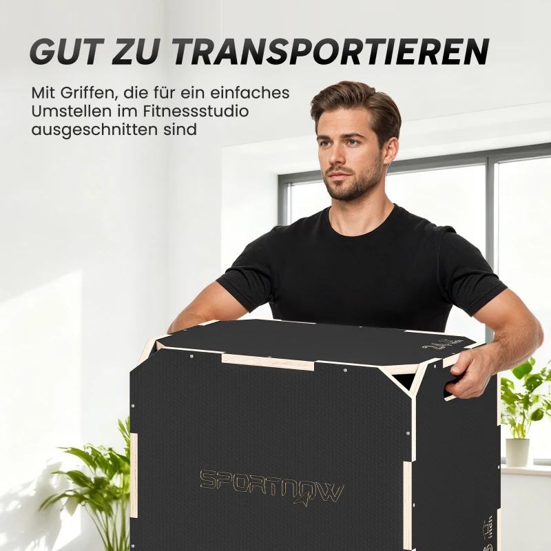 SPORTNOW 3-in-1 Plyo-Box, Sprungbox mit Griff-Öffnungen, für Home-Fitness und Outdoor-Workouts, 3 Sprunghöhen, Holz, Schwarz