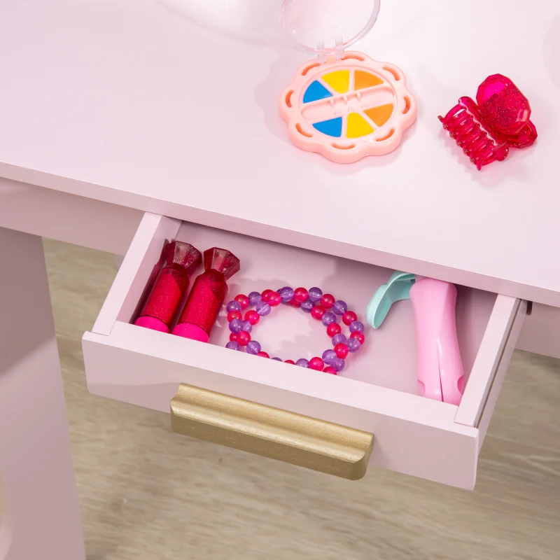 HOMCOM Tocador para Niños con Espejo y Taburete Tocador Infantil Tocador de Maquillaje para Niña de 3 a 6 Años con Cajón Rosa