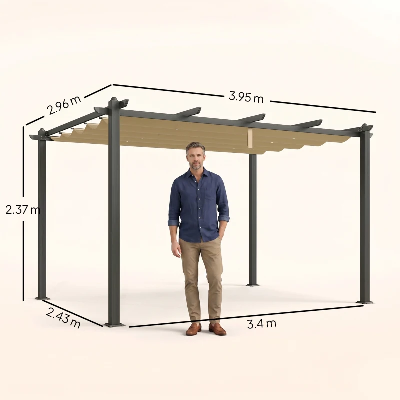 Outsunny 3 x 4m Aluminium Pergola, with Retractable Roof - Khaki