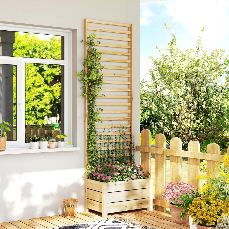 Outsunny Hochbeet mit Rankgitter Holz erhöhter Blumenkasten mit Spalier Abflussloch Vliesstoff 60 x 39 x 200 cm Naturholz