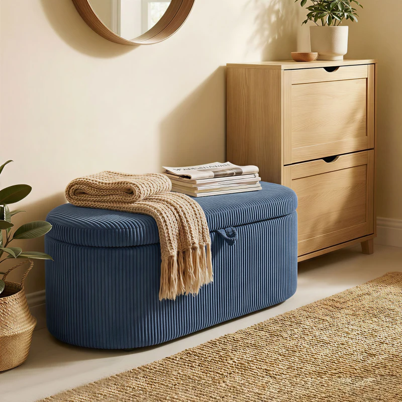 HOMCOM Storage Ottoman, Corduroy Upholstered Ottoman Storage Box with Padded Seat, 105 x 51 x 49 cm, Blue