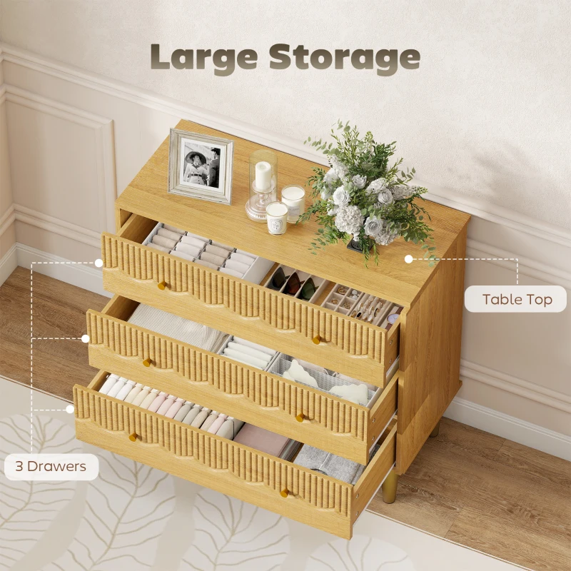 HOMCOM Dresser for Bedroom 3 Drawer Chest of Drawers with Steel Frame for Living Room in Oak
