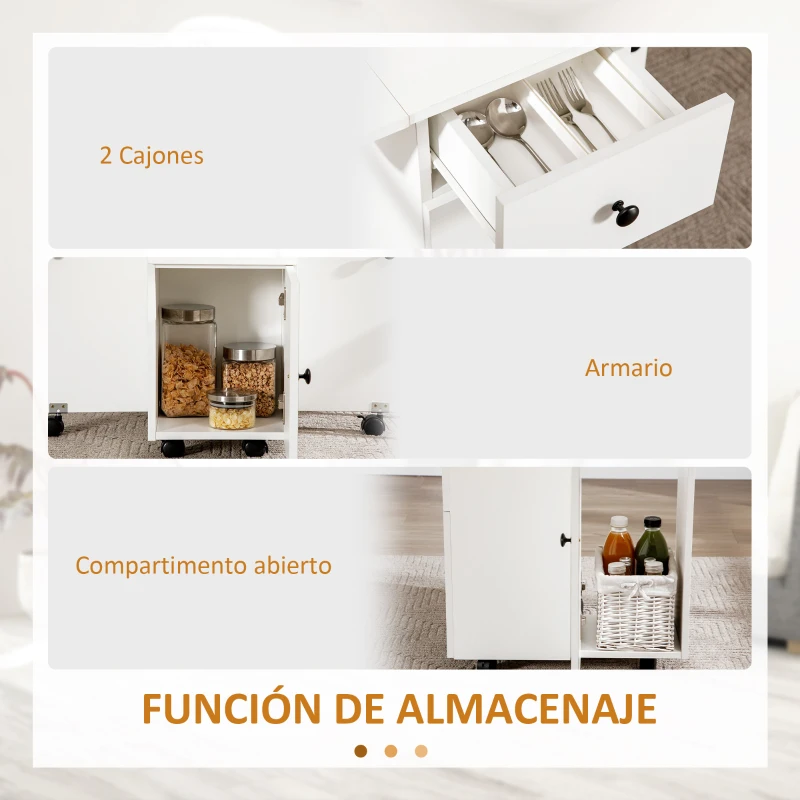 HOMCOM Mesa Plegable con Ruedas y Alas Abatibles Mesa Auxiliar Multifuncional con Almacenaje 120x60x76,5 cm Blanco