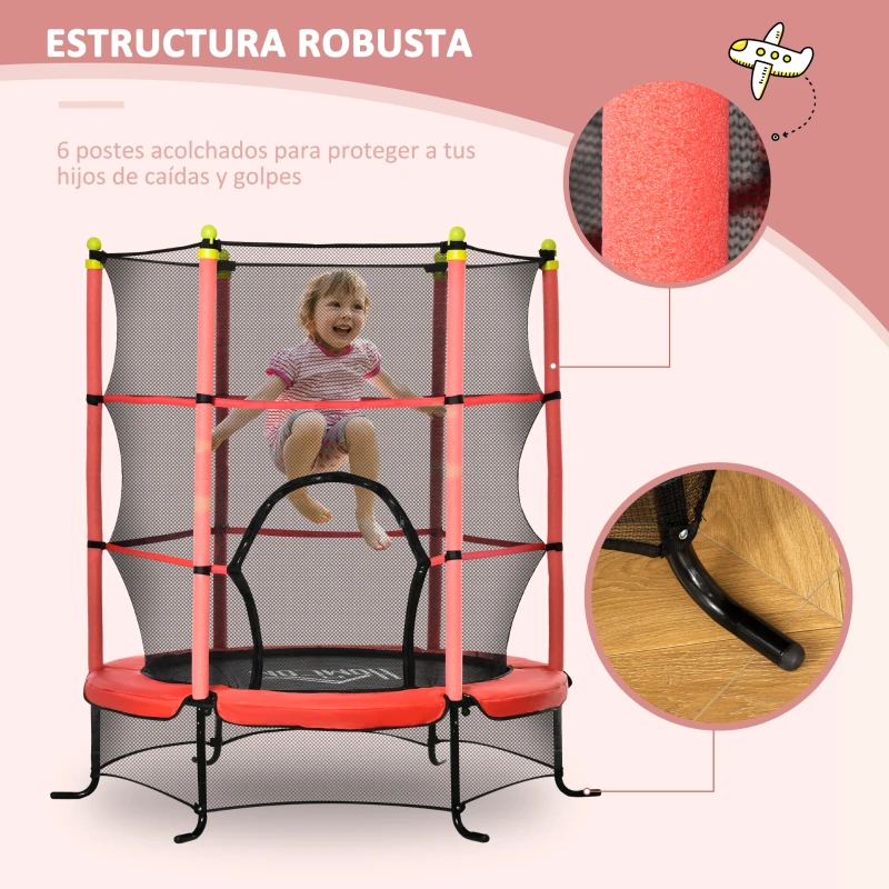 HOMCOM Trampolín para Niños +3 Años con Superficie de Salto Ø110 cm Red de Seguridad y Cubierta Protectora Ø163x163 cm Rojo