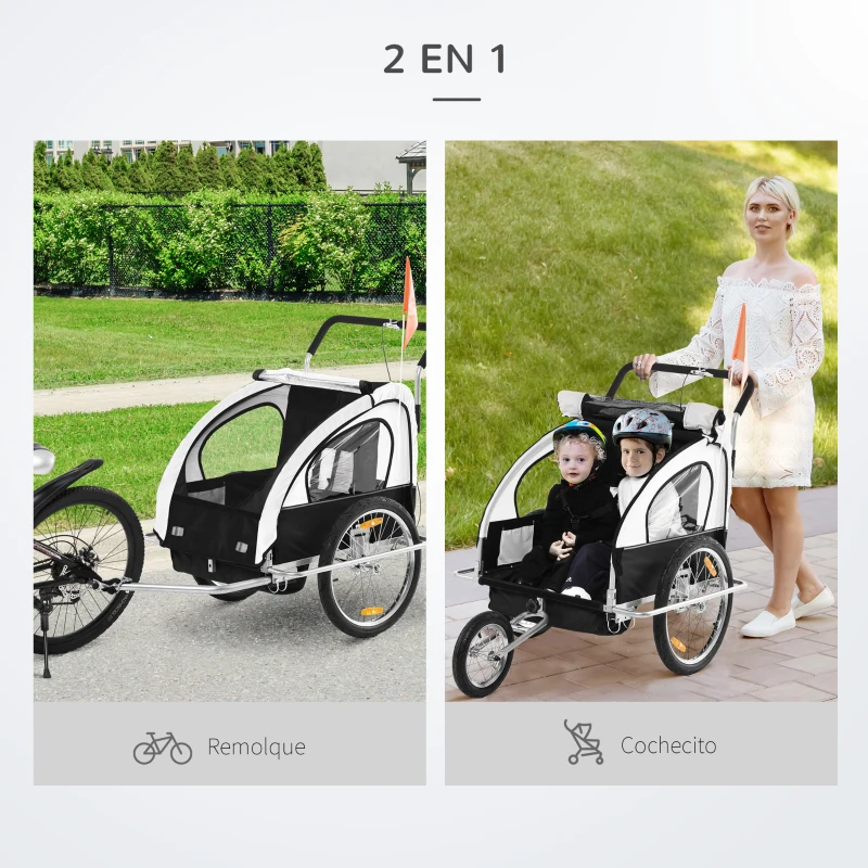 HOMCOM Remolque de Bicicleta para Niños de 2 Plazas con Amortiguadores y Barra 142x85x105 cm Blanco