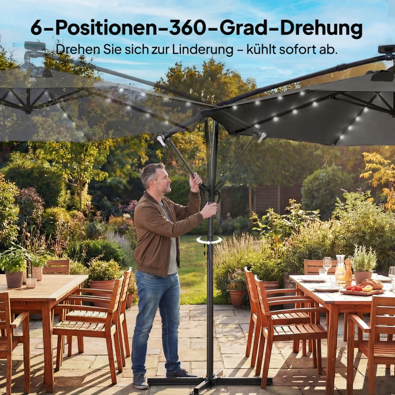 Outsunny Ampelschirm LED Solar ca. Ø300 cm Drehbar Sonnenschirm mit Kurbel Ständer Schutzhülle Dunkelgrau