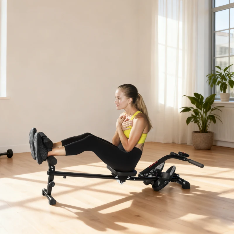SPORTNOW Rudermaschine, Rudergerät für Situps, 12-stufig verstellbar, 2-in-1 Kardiogerät, LCD-Anzeige, Stahl, Kunststoff, Schwarz