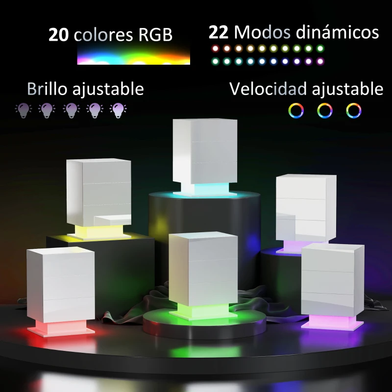 HOMCOM Mesita de Noche con LED RGB 3 Cajones y Mando a Distancia Diseño Moderno 40x35x60 cm Blanco Brillo