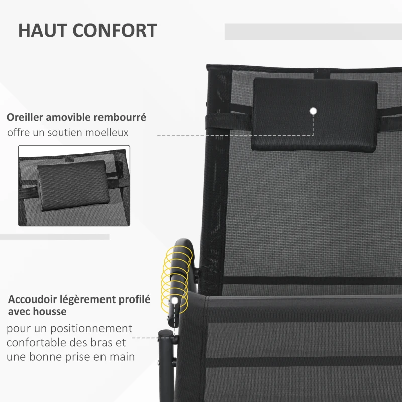 Outsunny Chaise longue à bascule avec tétière utilisation extérieure intérieure noir