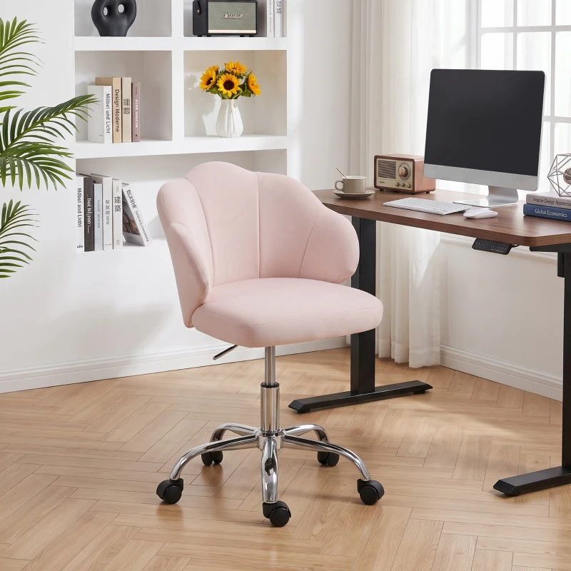 HOMCOM Silla de Oficina Forma de Pétalo con Ruedas de Terciopelo Función Basculante Asiento Ancho Altura Ajustable Rosa