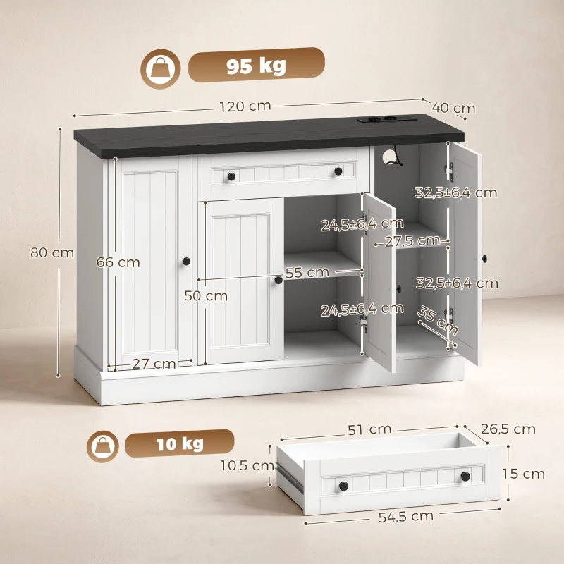 HOMCOM Aparador de salón con estación de carga, mueble de almacenamiento con 4 puertas, cajón, estantes ajustables, blanco y negro