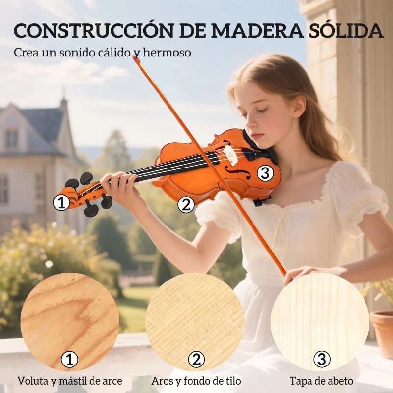 HOMCOM Violín 4/4 de Tamaño Completo de Madera con Estuche Arco Colofonia Afinadores Cuerdas y Soporte para Hombro Marrón