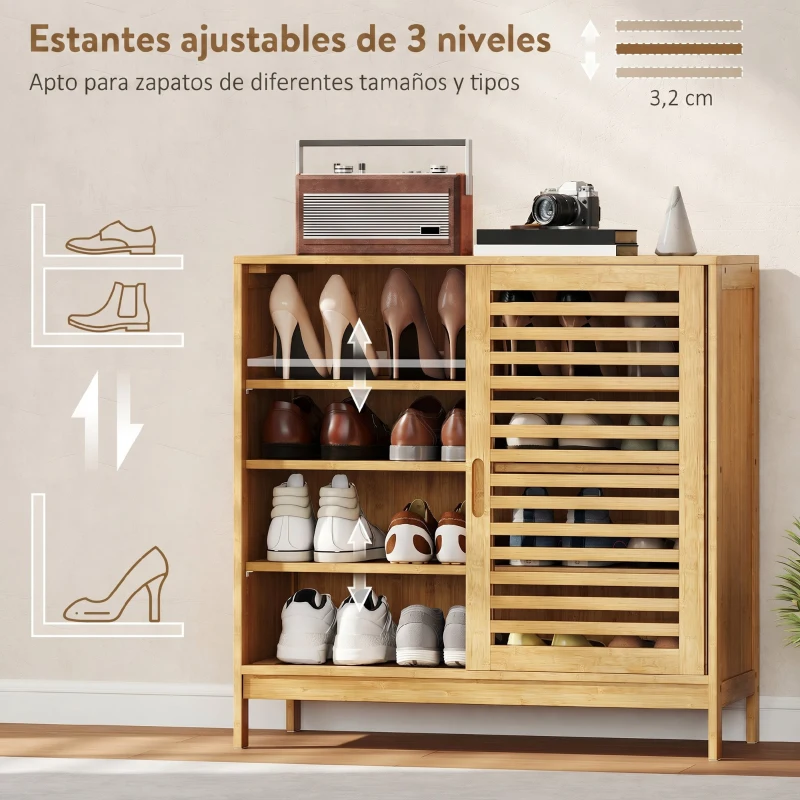 HOMCOM Zapatero con 2 Puertas Correderas de Lamas Estantes Ajustables para 16 Pares de Zapatos 80x35x80 cm Natural