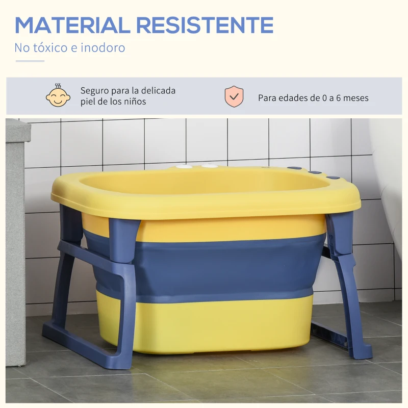 HOMCOM Bañera Plegable para Bebé Bañera Portátil para Niños con Patas Antideslizantes 75,3x55,4x43 cm Amarillo y Azul