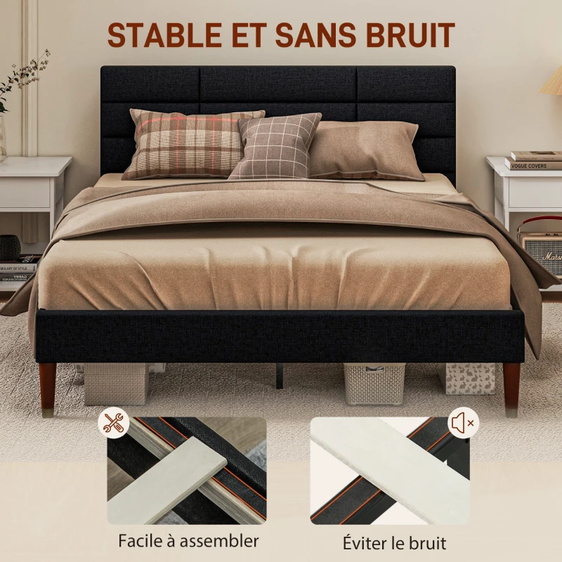 HOMCOM Cadre de lit double 2 personnes avec sommier à lattes et tête de lit capitonnée compatible matelas 140 x 200 cm noir