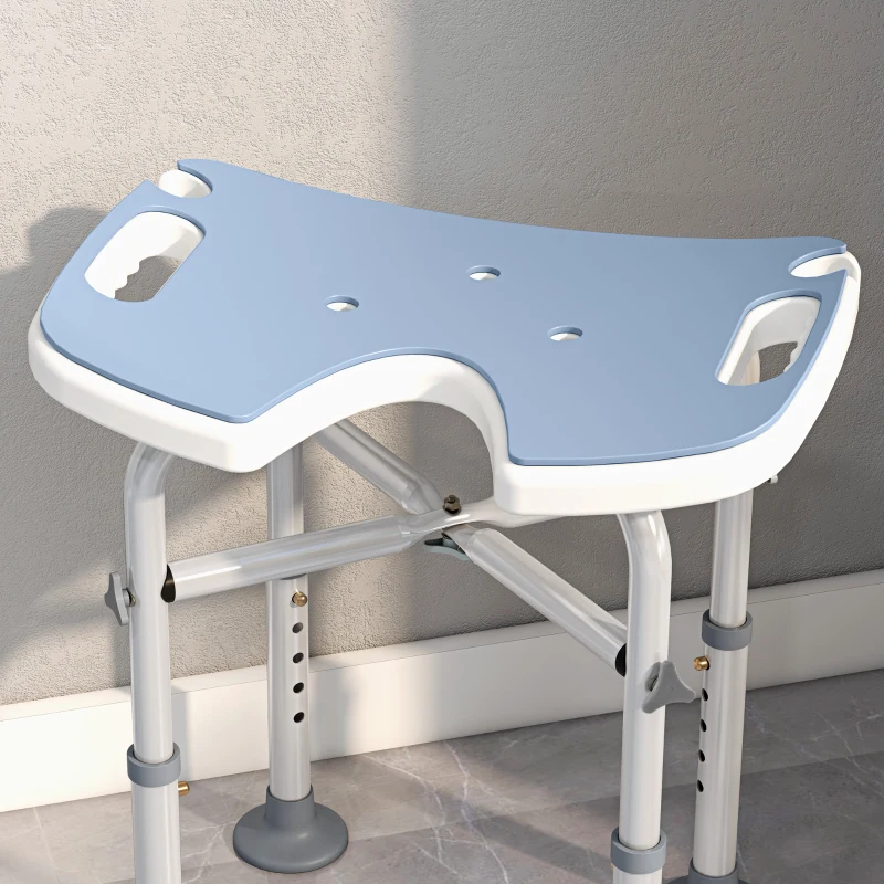 HOMCOM Tabouret de Douche, Hauteur Ajustable 39-51,5 cm, Barre d'Appui à Ventouse, Patins à Ventouse, Bleu Clair
