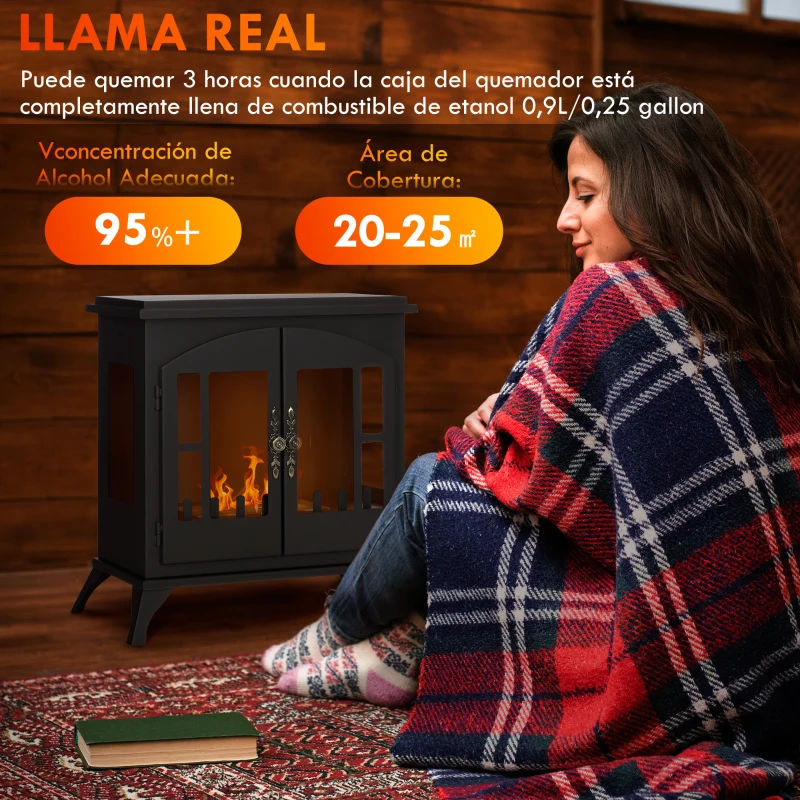 HOMCOM Estufa de Bioetanol de Pie con Tanque de 0,9 L Apagallamas de Acero Inoxidable Tiempo de Combustión 3H 55x31x55 cm Negro