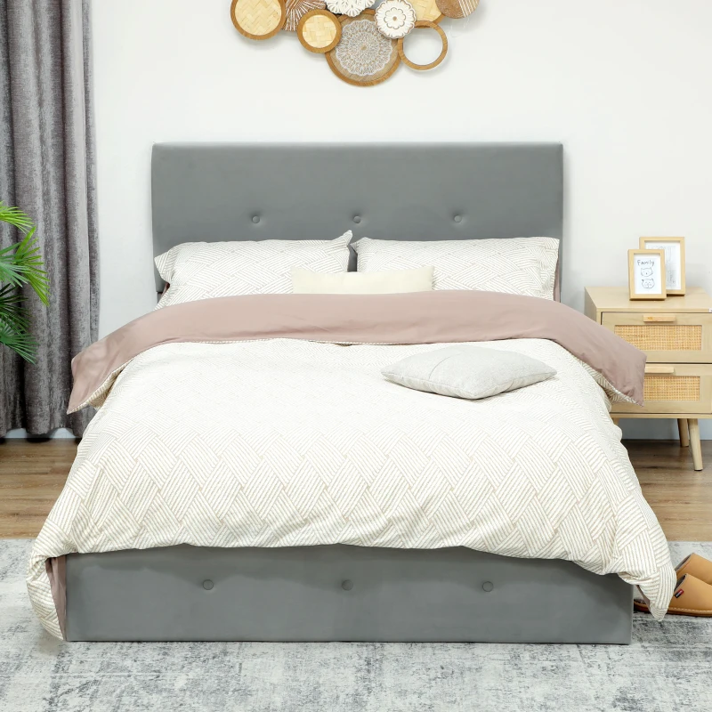 HOMCOM Letto Contenitore con Spazio a Scomparsa e Testiera Vellutata a Trapunta, in Legno e Metallo, 195x141x106 cm, Grigio