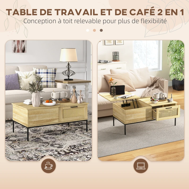 HOMCOM Table basse avec plateau relevable table de salon avec 2 grands tiroirs cadre en acier 106 x 56,3 x 48 cm naturel