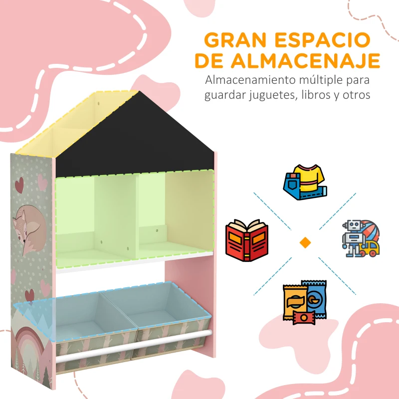 ZONEKIZ Organizador Infantil Estantería para Juguetes con Estantes Abiertos y 2 Cajas Extraíbles 62,4x26,5x90 cm Rosa