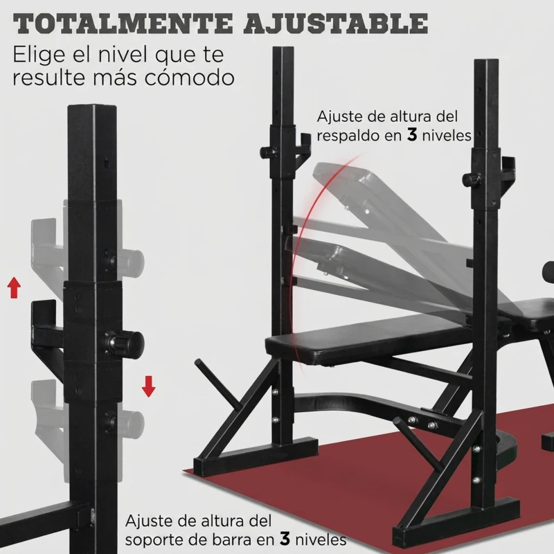HOMCOM Banco de Pesas Banco de Musculación Multifuncional con Soporte Barra de Pesas Altura Ajustable de 3 Niveles Carga 300 kg para Entrenamiento Fitness de Cuerpo Completo Negro