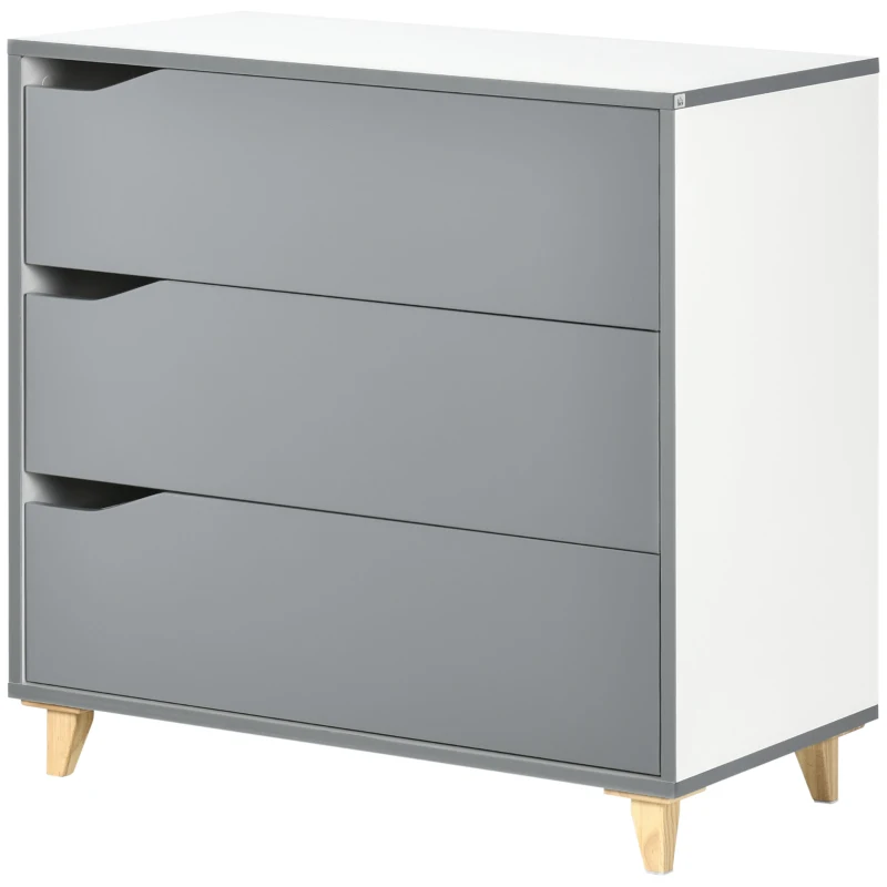 HOMCOM Drawer Chest, 3-Drawer Storage Cabinet Unit with Pine Wood Legs for Bedroom, Living Room, 75cmx42cmx75cm, Grey