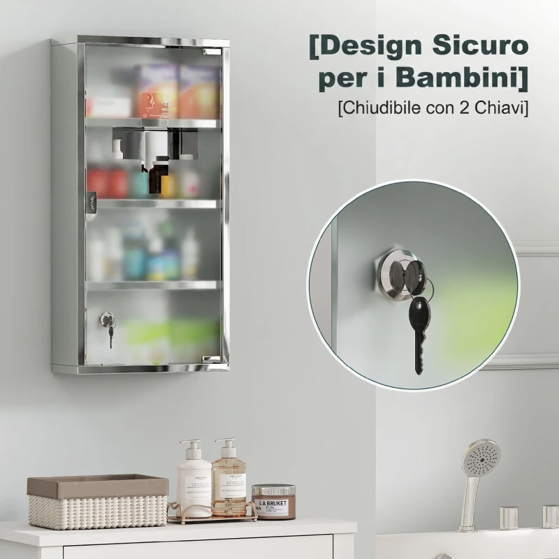 HOMCOM Armadietto Medicinale Cassetta Porta Medicina a Quattro Ripiani in Acciaio Inox 30 x 12 x 60cm