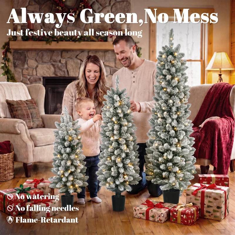 HOMCOM Prelit Snowy Flocked Artificial Christmas Tree Set of 3, Slim Xmas Tree with PVC Tips, 3FT+4FT+5FT