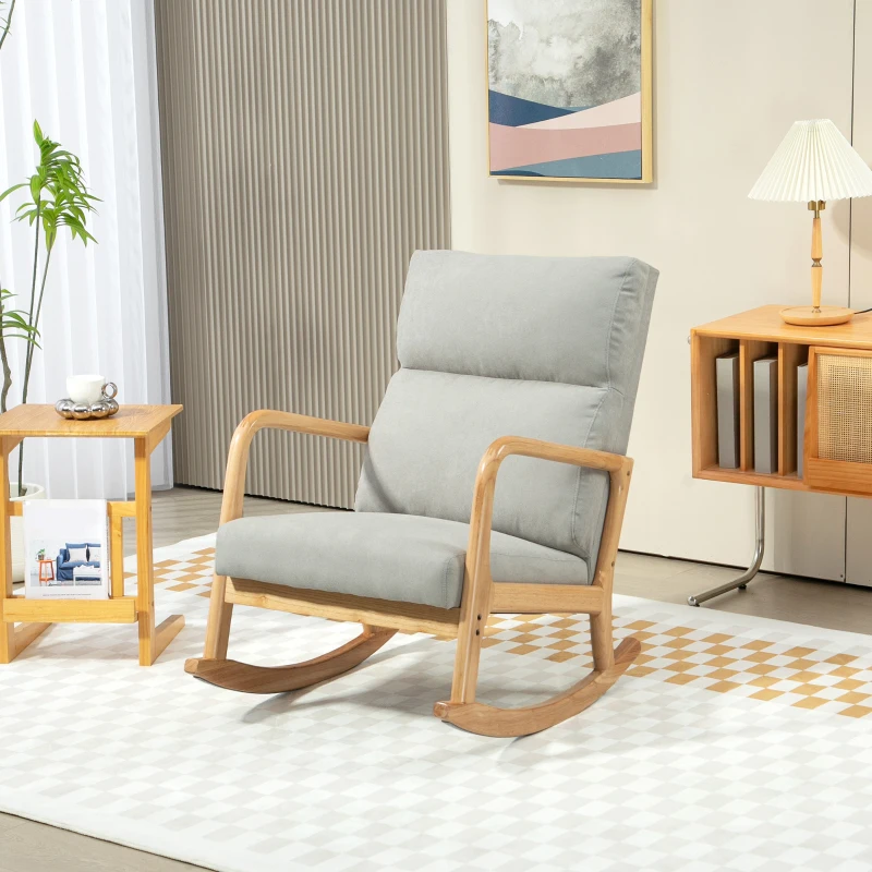 HOMCOM Mecedora Tapizada en Lino Silla Mecedora con Patas de Madera de Caucho y Reposabrazos Carga 150 kg Gris