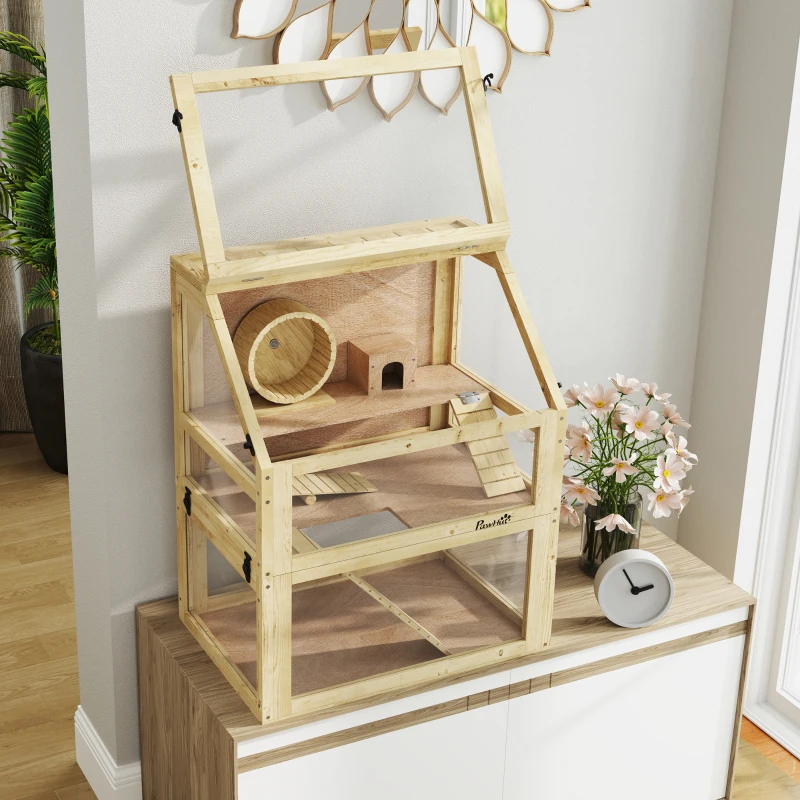 PawHut Gaiola para Hamster Roedor de 3 Níveis Fundo Removível Casinha Balanço 60x40x75 cm Acabamento Madeira Natural