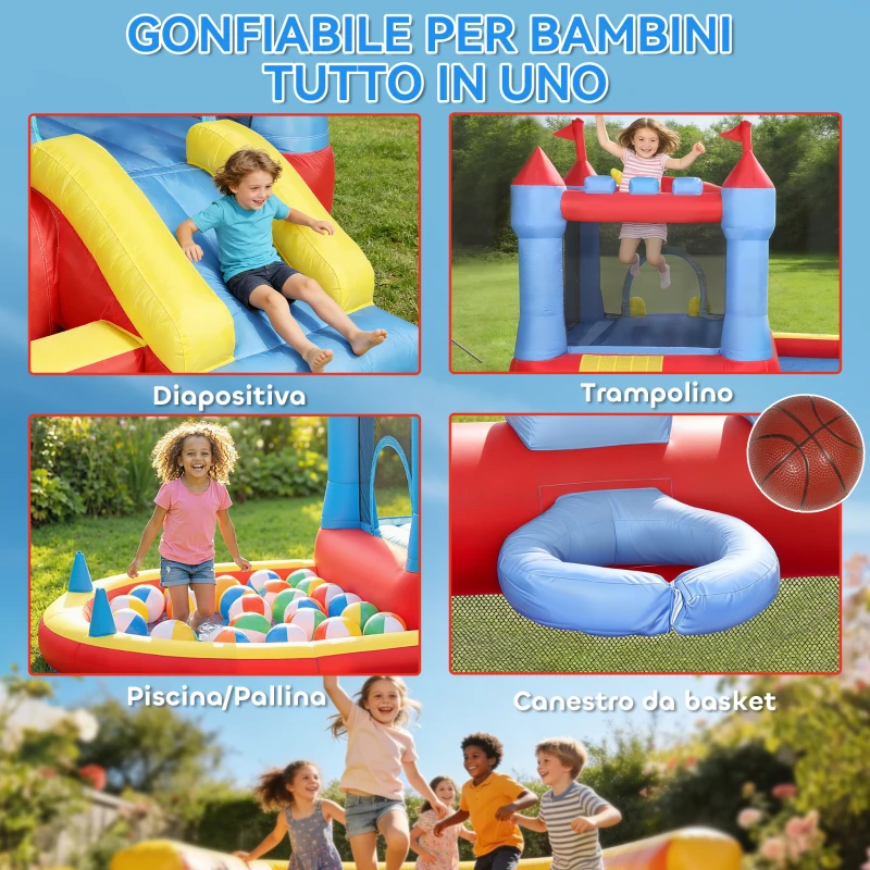 AIYAPLAY Castello Gonfiabile per Bambini con Scivolo, Trampolino, Piscina e Canestro, 342x255x209 cm, Multicolore