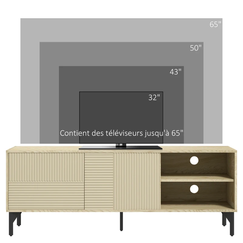 HOMCOM Meuble TV jusqu'à 65 pouces 2 niches 2 passe-câbles et 1 placard 2 portes piètement acier 150 x 40 x 56 cm jaune noir