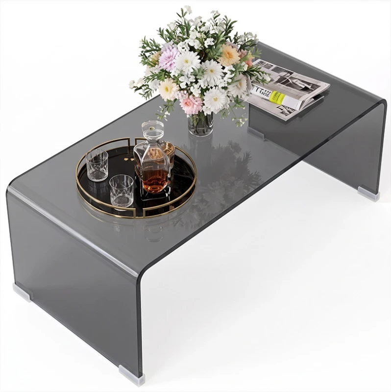 HOMCOM Măsuță de cafea din sticlă, masă de living dreptunghiulară cu design modern și muchii rotunjite sigure, gri deschis transparent