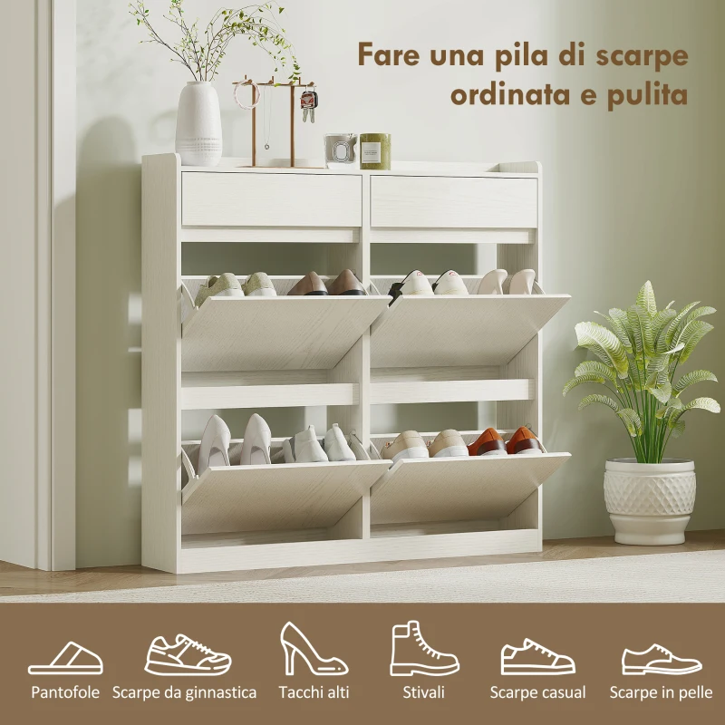 HOMCOM Scarpiera Slim in Legno con 4 Cassetti a Ribalta e 2 Cassetti Scorrevoli, 98x19.2x95.3 cm, Bianco