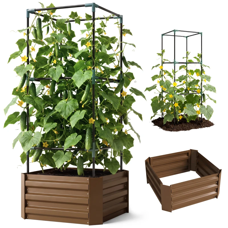 Outsunny Hochbeet mit Rankgitter Pflankasten mit Rankhilfe, offener Boden, wetterbeständig, 61 cm x 61 cm x 140 cm, Braun
